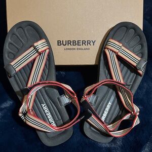 Burberry Black Sandal with Beige and Red Striped Webbing
